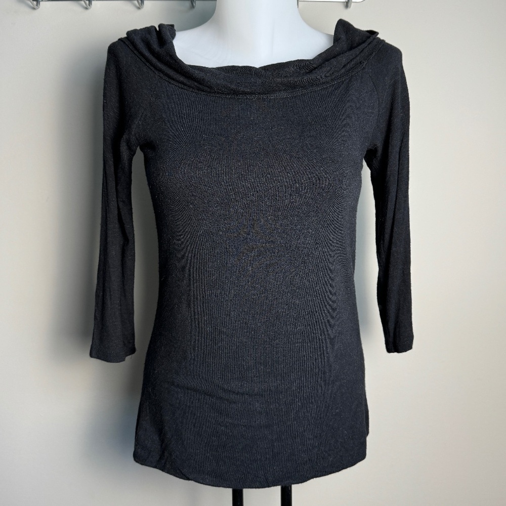 AMANDI Women's Black Cowl‎ Neck 3/4 Sleeve T-Shirt Top Size Medium Linen Stretch